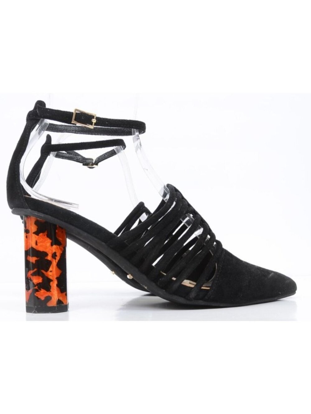 42 Gold Oriana Size 7 Black Suede Leather Strappy Pointed-Toe Ankle‎ Strap Pumps